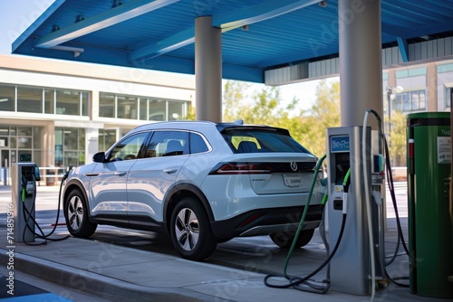 Modern vehicle refueling at a hydrogen fuel station. Renewable energy,hydrogen technology and clean energy sources.