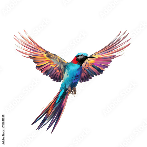 A Graceful and Colorful Bird in Mid. Flight Its Wings Spread Wide Against a Blue Sky.. Isolated on a Transparent Background. Cutout PNG. © Peter