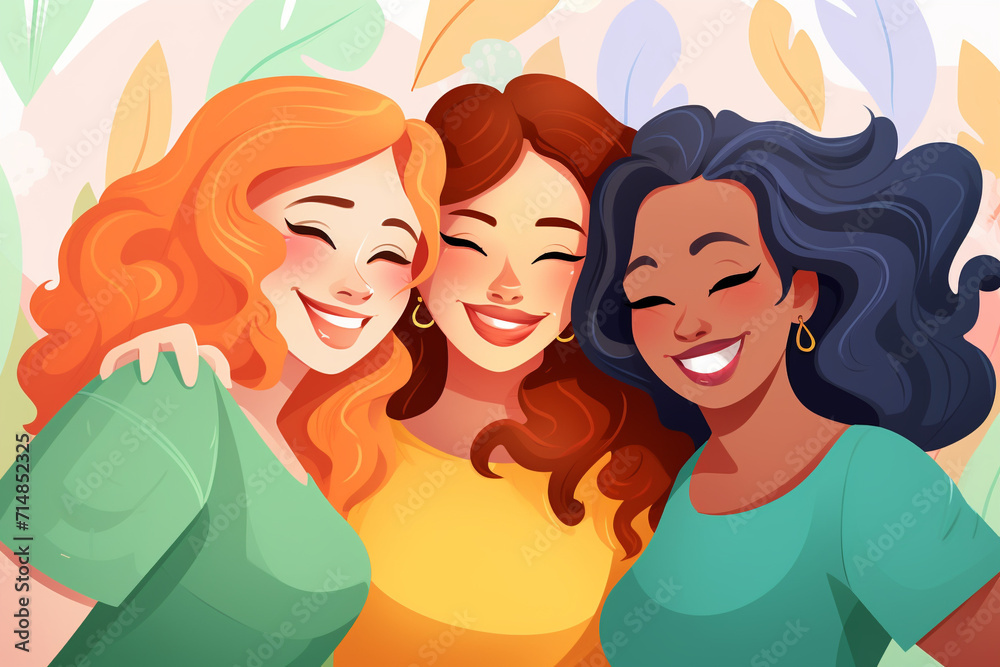 Three body positive women laugh. Illustration in vector cartoon style.]