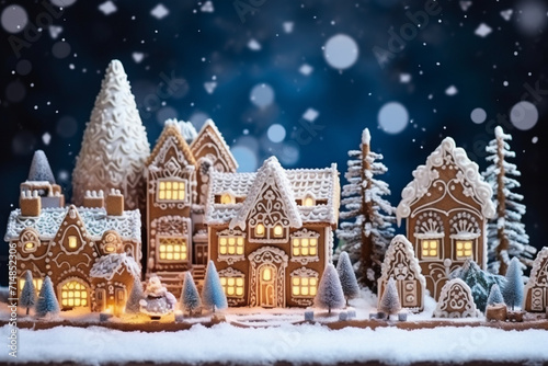 Winter village with gingerbread houses. New Year or Christmas landscape.
