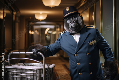 Portrait of humanized gorilla is a bellboy in the hotel. photo