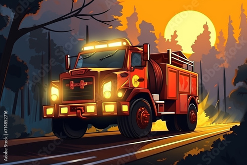 Fire truck. Cartoon illustration. A car with firefighters.