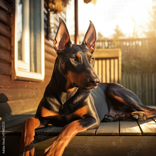 Portrait of a doberman laying ouside the house photo
