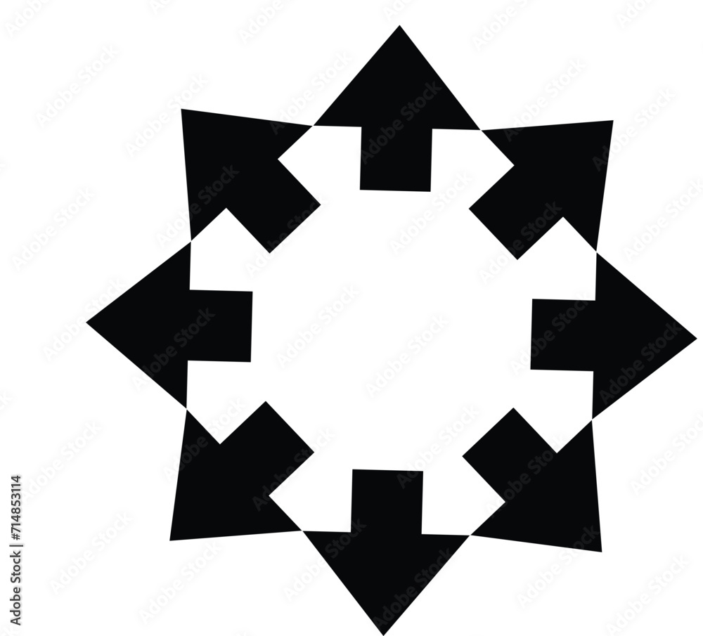 Radial short arrows silhouette shape icon. A circular arrangement of small black arrow symbols. Isolated on a white background. Radial short arrows silhouette shape icon. A circular arrangement of small black arrow symbols. Isolated on a white background.