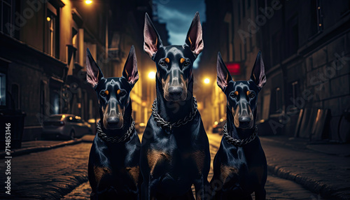 3 black dobermans standing against the street at night