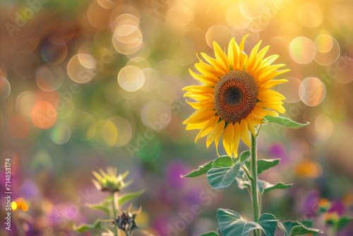 Close-up yellow sunflower in full bloom on sunny summer, yellow sunflower, and fields blurred in the background. Focus on the petal. sunflowers on blurred background, beautiful sunflowers © Nataliia_Trushchenko