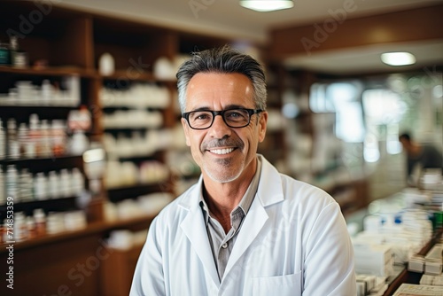 A senior male pharmacist with glasses smiles confidently in a well-organized pharmacy setting. Generative ai