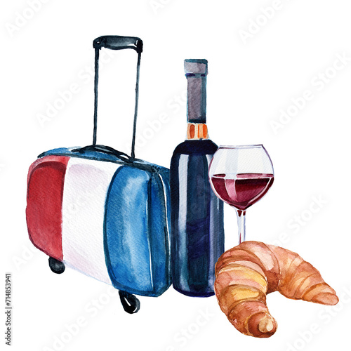 Watercolor hand painted Paris,France concept painting.French atributes illustration,France tourist destination design.Suitcase travel,vine bottle and croissant design.  photo