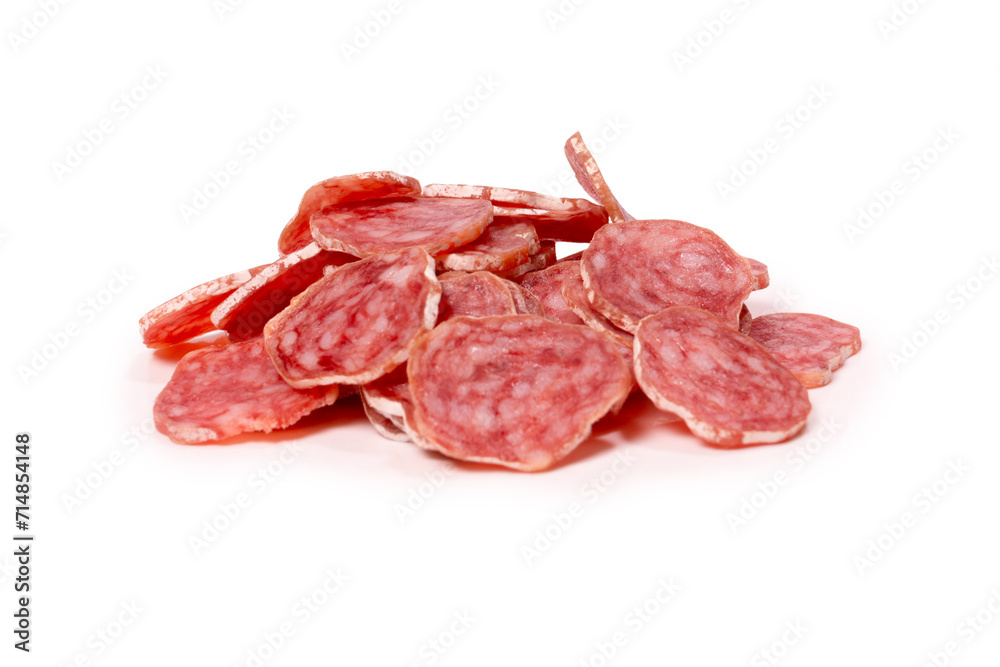 Tasty salami slices isolated on a white background. Tasty salami slices isolated on a white background.