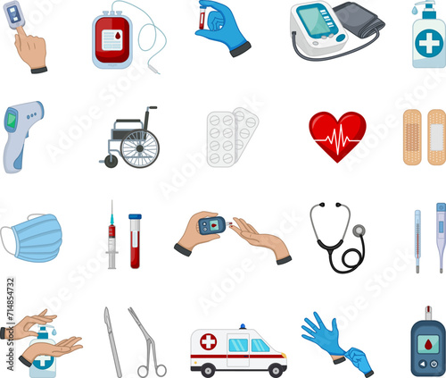 Set of Medical Items. Syringe, Test Tube, Tonometer, Medical Mask, Thermometers, Tablets, Antiseptic, Glucometer, Pulse Oximeter, Wheelchair, Surgeon's Instruments, and Others. Vector illustration