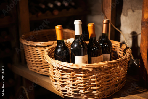 Corked bottles of wine stand in a basket in the cellar