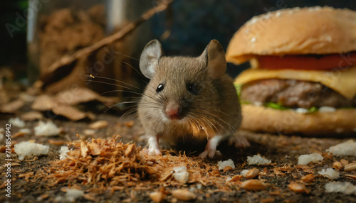 Close-up of a mouse with food scraps in the background