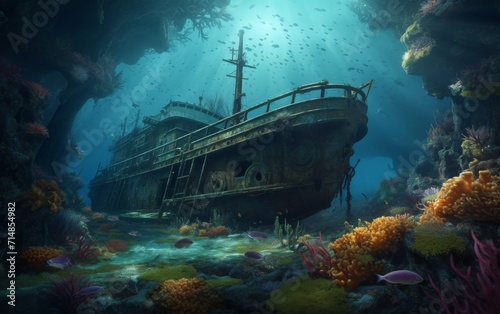 a huge sunken ship overgrown with corals, fish and sharks swimming around. 