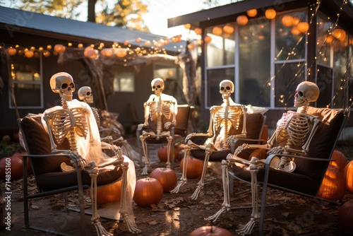 A gathering of bony figures lounging in outdoor chairs, as if waiting for someone to join them before the leaves of autumn begin to fall