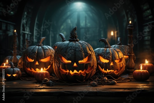 A flickering sea of carved cucurbits glow on a rustic table, beckoning with the magic of halloween and the promise of trick-or-treating photo