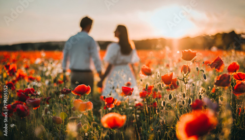 Sunset Romance: Happy Young Couple Embracing in a Beautiful Summer Field