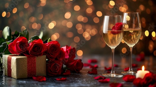 Romantic backdrop for a Valentine's Day celebration, showcasing an elegant zotto gift box, wine glass, and a stunning bouquet of roses. [Romantic backdrop with zotto gift box, wine photo