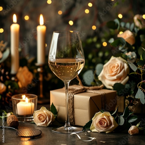 Romantic and elegant banner backdrop with a zotto gift box, wine glass, glass rose, bouquet, candles, and a generous area for text. [Romantic banner with zotto gift box, wine glass photo