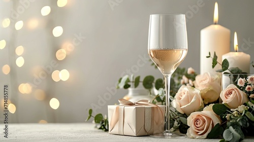 Chic and modern banner with an elegant zotto gift box, wine glass, glass rose, bouquet, candles, and a spacious section for text. [Chic banner with zotto gift box, wine glass, glas photo