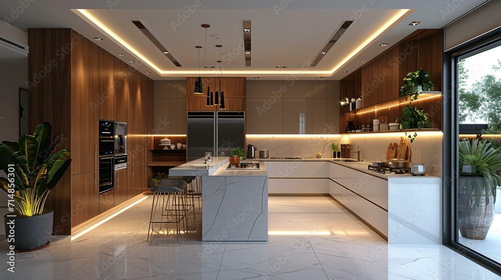 Modern kitchen with state-of-the-art appliances in a stylish house, providing space for text. [Modern kitchen in stylish house Modern kitchen with state-of-the-art appliances in a stylish house, providing space for text. [Modern kitchen in stylish house