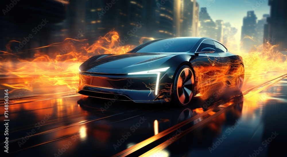 A sleek and powerful luxury sports car blazes through the open road, its black exterior adorned with fiery flames that embody its bold and daring design