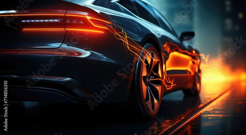 Capturing the sleek lines and dazzling lights of a luxury sports car, this close up reveals the intricate details of automotive design in a captivating night scene