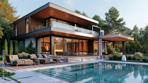 Contemporary facade of a modern stylish house with unique architectural elements, allowing for text placement. [Contemporary facade of modern stylish house © Julia