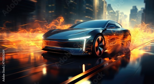 A sleek and powerful luxury sports car blazes through the open road, its black exterior adorned with fiery flames that embody its bold and daring design © Larisa AI