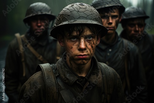 A group of men, with determined expressions and dressed in military uniforms complete with helmets, stand tall on a bustling city street, ready to protect and serve their country