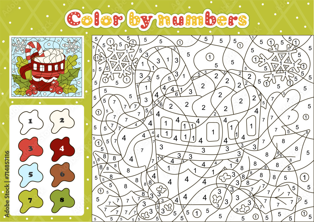 Food and drinks themed coloring page by number for kids with cute christmas cacao
