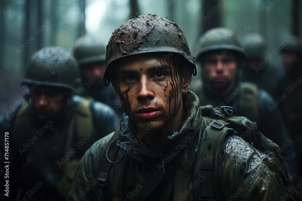 A man in military uniform, his face hidden behind a helmet and ballistic vest, stands in the woods, his weapon at the ready as he and his fellow soldiers navigate the treacherous outdoor terrain