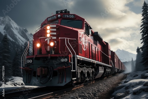 As the red locomotive chugs along the snowy tracks, it travels through a breathtaking winter landscape of towering mountains, lush trees, and cloudy skies, symbolizing the unstoppable journey of tran