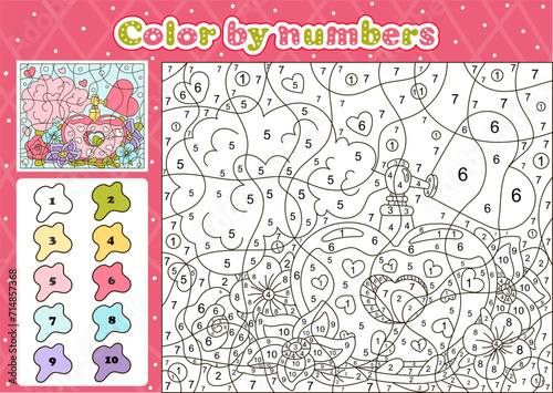 Perfume of love themed coloring page by number for kids with cute flowers, spring in the air