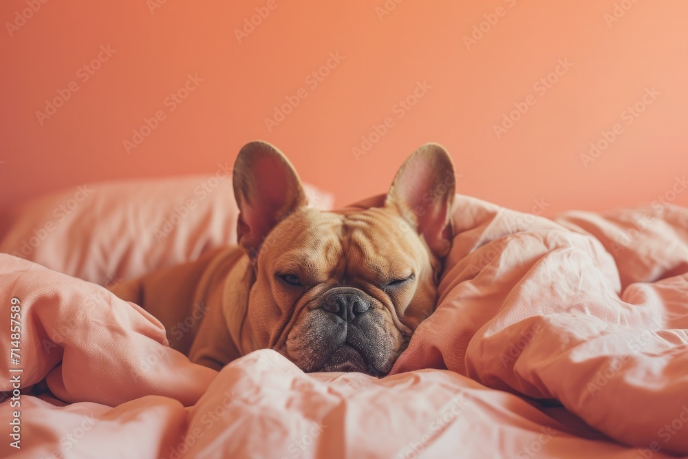 French bulldog laying in the bed. Ai generative art