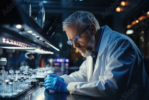 A skilled technician dons his pristine lab coat and gloves as he carefully examines the contents of various test tubes in the controlled environment of the laboratory photo