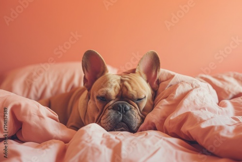 French bulldog laying in the bed. Ai generative art
