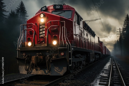 A powerful locomotive rolls through the night, its red rolling stock traversing the railway tracks as it transports passengers through the outdoor landscape, passing by trees and the vast sky above