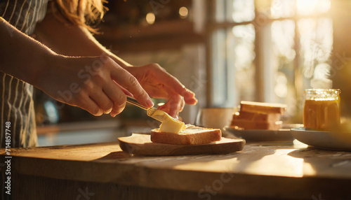 Woman making toast with butter