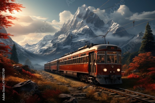 A vibrant red train chugs along the rugged tracks, its passengers gazing out at the majestic mountains in the distance, surrounded by the lush trees and billowing clouds of the great outdoors