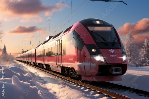 A vibrant red train glides gracefully through a snowy landscape, passing by a row of tall trees as it makes its way towards a bustling train station, offering a warm and cozy mode of transport for tr