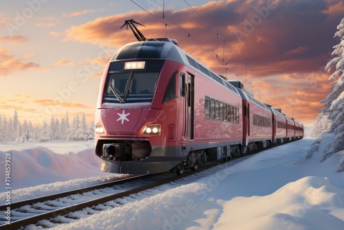 As the electric locomotive cuts through the winter landscape, the train on the tracks stands out against the snowy backdrop, a symbol of both efficient transportation and the beauty of nature