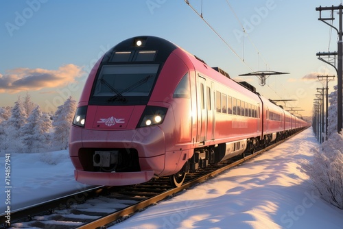 Amidst a serene winter landscape, a vibrant red train gracefully rolls along the snowy tracks, symbolizing the efficient and timeless mode of transport connecting people and places