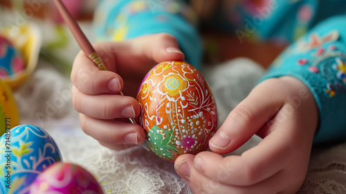 A close-up of a child's hands carefully painting Easter eggs with vibrant colors and intricate patterns. The creative process is highlighted, emphasizing the joy and personal touch
