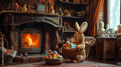 Inside a cozy cottage, a fireplace crackles as an Easter bunny delivers beautifully wrapped Easter gifts and chocolates to a group of children. The warm and inviting scene exudes t