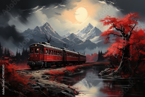 A majestic train chugs along the winding tracks, surrounded by lush trees and towering mountains, showcasing the breathtaking beauty of the great outdoors in this vibrant painting
