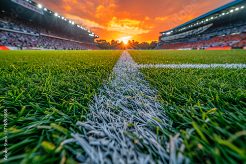 View from below along the sidelines of a football field in the middle of a football stadium photo