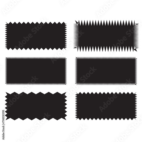 Zig zag edge rectangle shape collection. Jagged rectangular elements set. Black graphic design elements for decoration, banner, poster, template, sticker, badge. Vector