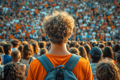 Back view of a male fan in a football stadium with a backpack