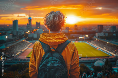 Back view of a male fan in a football stadium with a backpack photo