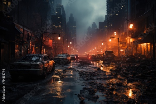 A bustling city street at night, with rain cascading down and street lights illuminating the dark winter sky, as cars navigate through the buildings and the ground below